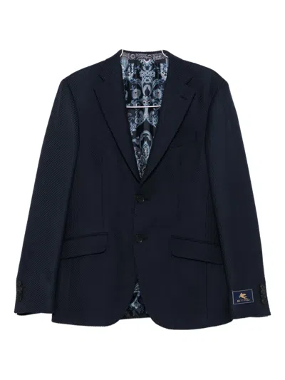 Etro Notched Patterned Blazer In Blue