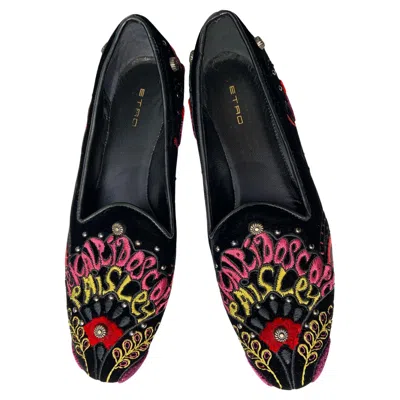 Pre-owned Etro Nwt  Black Velour Embroidered Beaded Women's Plats Loafers Italian 36