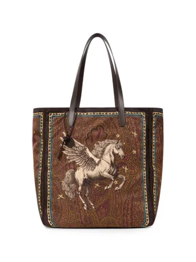 Etro Nylon Tote Bag With Pegaso Print And Arnica Motif In Brown