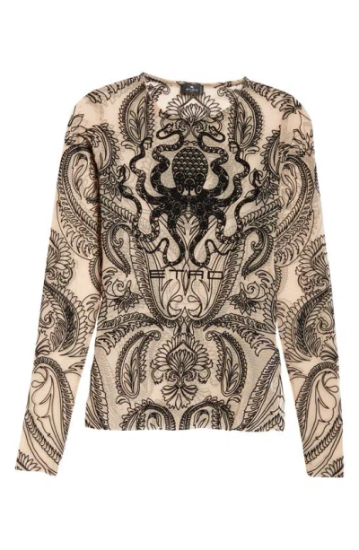 Etro Paisley Embroidered Mesh Long-sleeve Top In Neutrals