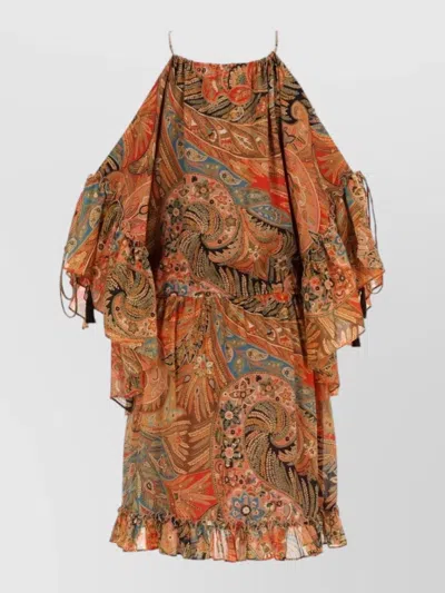 Etro Off Shoulder Dress Paisley Pattern Ruffles In Brown