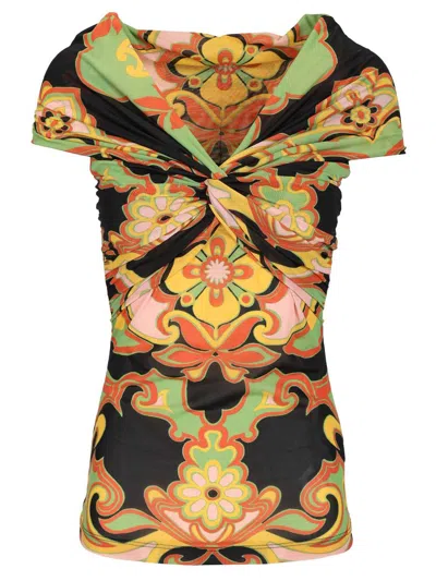 Etro Off Shoulder Multicolor Print Top Tops Multicolor In Brown