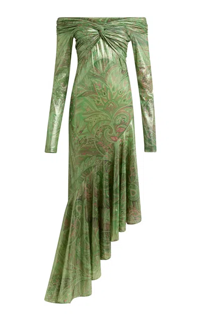 Etro Off-the-shoulder Metallic Jersey Midi Dress In Green