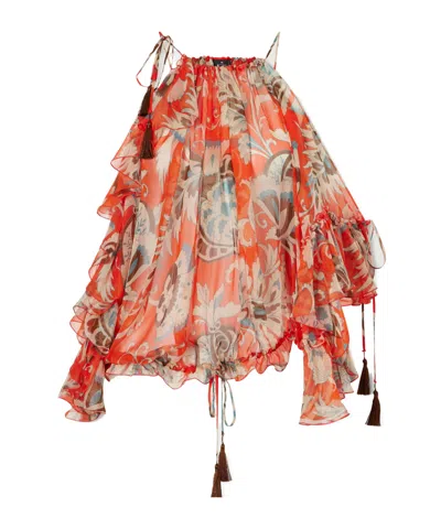 Etro Off-the-shoulder Asymmetrical Tassel Ruffle Print Shirt In Brown