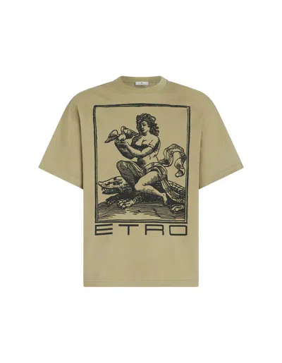 ETRO OLIVE GREEN T-SHIRT WITH GRAPHIC PRINT