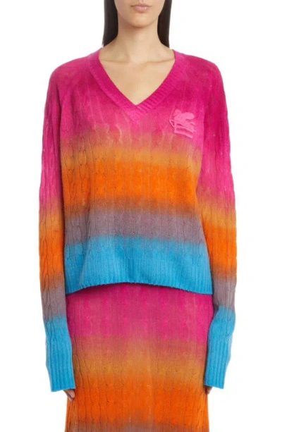 Etro Ombré Colorblock Cable Knit V-neck Sweater In Multi