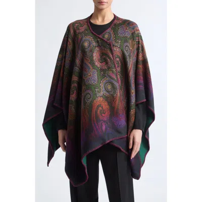 Etro Ombré Paisley Swirl Reversible Wool Blend Cape In Green