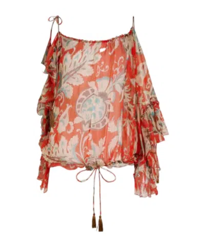 Etro One-sleeved Silk Top With Floral Motif In Orange