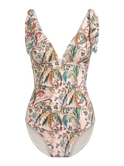Etro One-piece Swimsuit With A Paisley Foliage Pattern In White