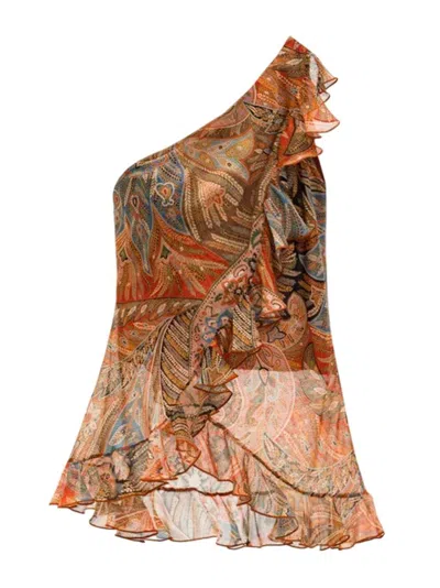 Etro One-shoulder Silk Top In Brown
