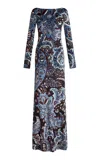 Etro Womens Multi On Blue Floral-intarsia-graphic Plunge-neckline-at-back Stretch-woven Blend Maxi Dress In Blue
