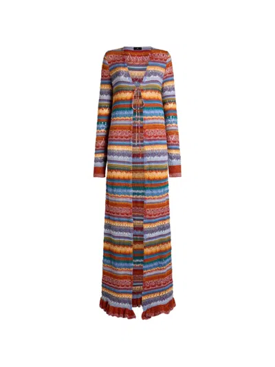 Etro Openwork Striped Cotton Long Cardigan In Multi