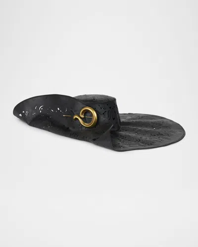 Etro Openwork Wide-brim Hat With Paisley Brooch In Black