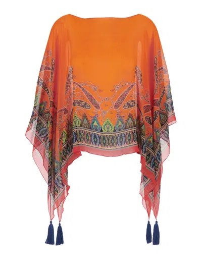 Etro Orange Cape With Front And Rear Print And Tassel Details In Silk Woman In Multi