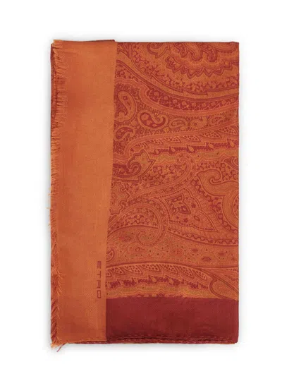 Etro Women Orange Cotton And Silk Paisley-pattern Scarf