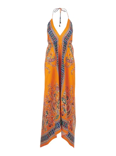 Etro Orange Long Sleeveless Dress With Rear Bow Closure And All-over Print In Silk Woman