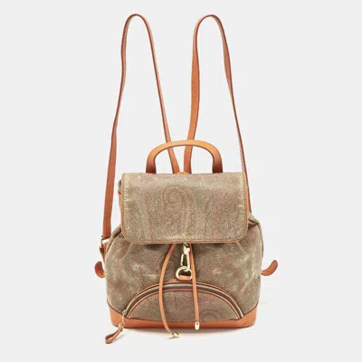 Pre-owned Etro Orange Paisley Print Coated Canvas And Leather Drawstring Backpack