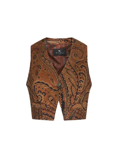 Etro Orange Paisley Print Corduroy Vest In Brown