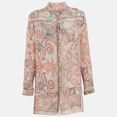Pre-owned Etro Orange Paisley Print Crinkled Chiffon Shirt L