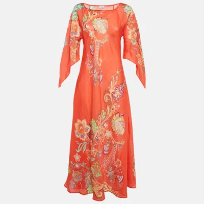 Pre-owned Etro Orange Paisley Print Ramie Maxi Dress M
