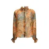Etro Sheer Chiffon Shirt Paisley Ruffle Neckline In Orange