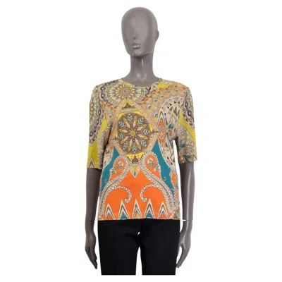 Pre-owned Etro Orange Yellow Viscose Fan Paisley Jersey T-shirt Shirt 42 M