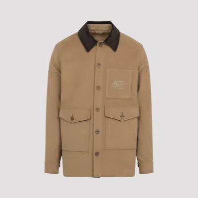 Etro Beige Embroidered Logo Jacket In Brown