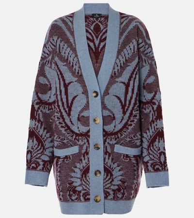 Etro Embroidered Wool Knit Oversized Cardigan In 蓝色/酒红色
