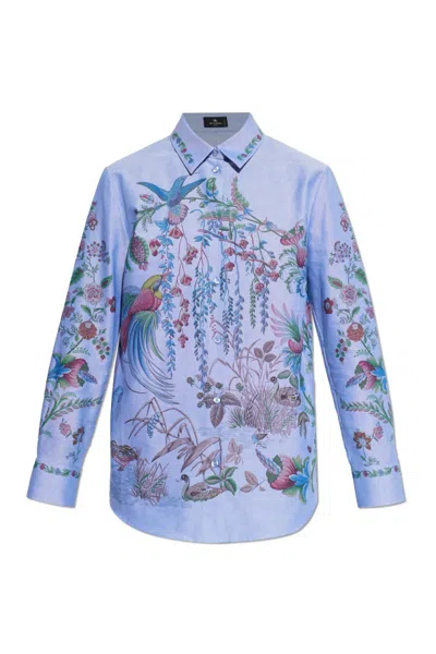 Etro Oxford Cotton Shirt With Placed Flora And Fauna Print In Blue