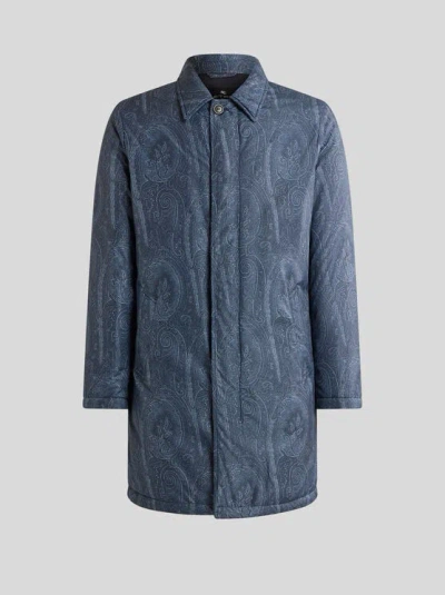 Etro Padded Raincoat With Arnica Motif In Blue
