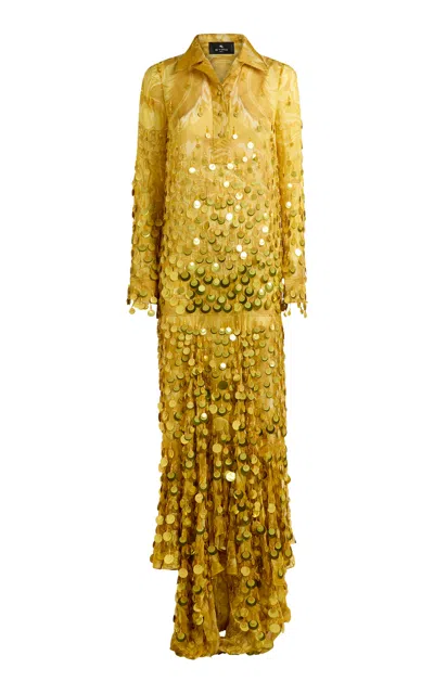 Etro Paillette-embroidered Silk Maxi Dress In Yellow