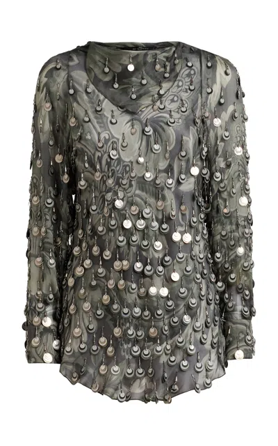 Etro Paillette-embroidered Silk Top In Dark Green