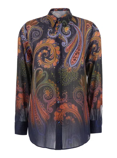 Etro Paisley All-over Tech Fabric Button-down Shirt With Classic Collar In Multi