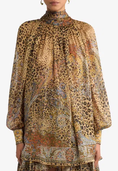 Etro Paisley And Animal Motif Silk Blouse In Brown
