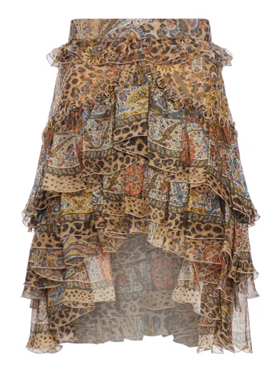 Etro Paisley And Animal Print Silk Ruffled Mini Skirt In Brown