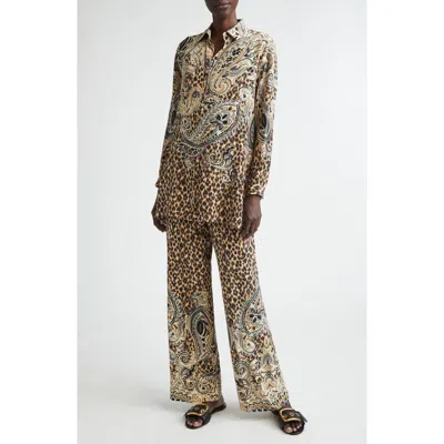 Etro Paisley & Leopard Print Silk Tunic Button-up Shirt In Multi