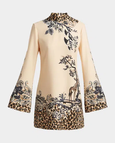 Etro Paisley Animal-print Flare-sleeve Mini Dress In Multi