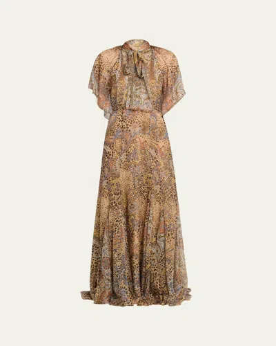 Etro Paisley Animal-print Silk Chiffon Neck-scarf Maxi Dress In Multi