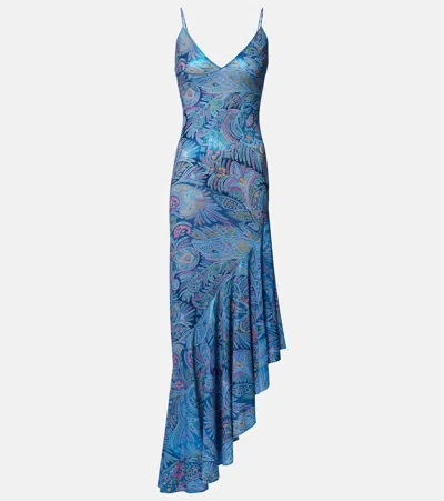 Etro Paisley Asymmetric Ruffled Midi Dress In Blue