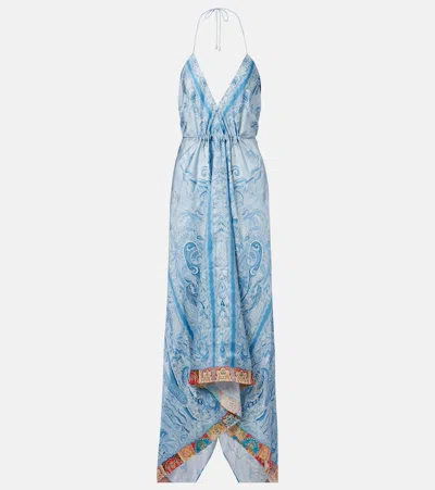 Etro Paisley Asymmetric Silk Maxi Dress In Blue