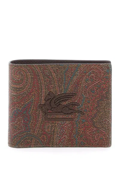 Etro Paisley Bifold Wallet With Pegaso Logo In Marrone