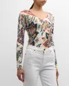 Etro Paisley Blossom Stamps V-neck Long-sleeve Sweater In Print On Beige Base