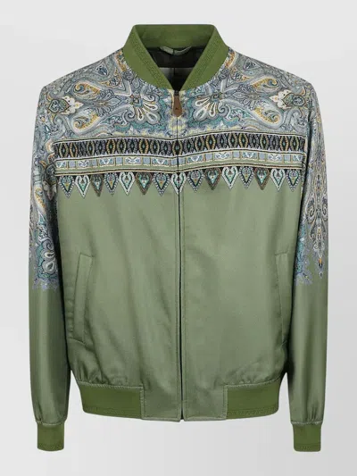 Etro Paisley Bomber Jacket Ribbed Cuffs Hem Pockets In Green