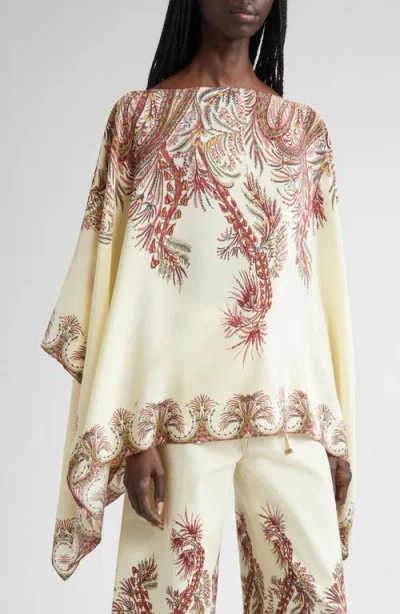 Etro Paisley Border Silk Poncho Top In White
