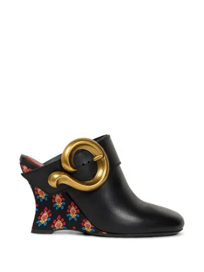 Etro Leather Wedge Mules Clog Buckle Detail In Black