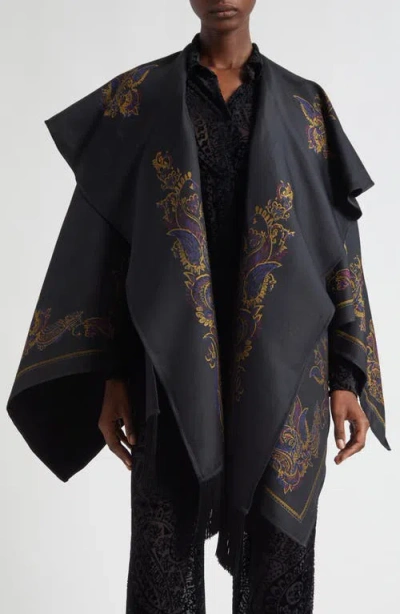 Etro Paisley Cape With Attached Scarf Detail In Black