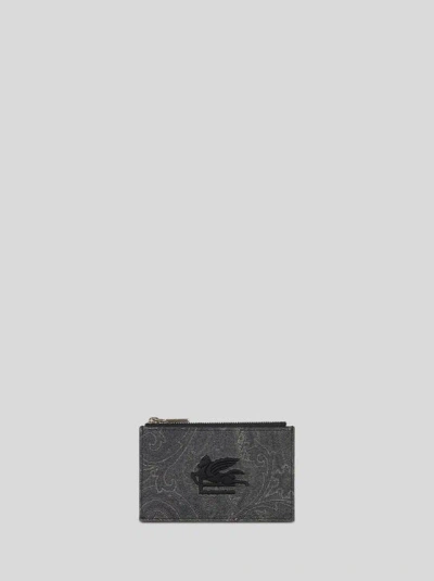 Etro Paisley Card Holder With Pegaso Detail In Grey
