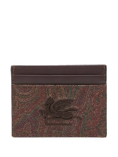 Etro Paisley Card Holder With Pegaso Detail In Brown