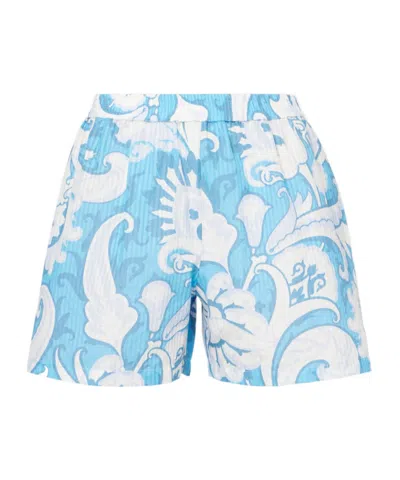 Etro Paisley Cotton And Silk Shorts In Blue