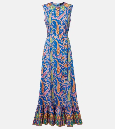 Etro Paisley-print Cotton Ruffle A-line Maxi Dress In Blue
